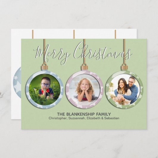 スリーパステルオーナメントカスタムフォトクリスマス シーズンカード (正面/裏面)