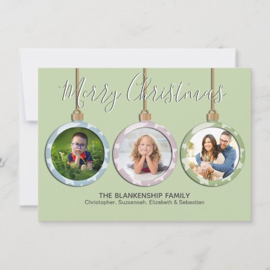 スリーパステルオーナメントカスタムフォトクリスマス シーズンカード (正面)