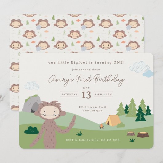スリーパーキンズ ビッグフット 森の1歳の誕生日 招待状 (正面/裏面)