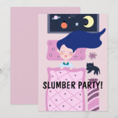 スリーパー・パーティーの女の子と猫のかわいい招待状 招待状 (正面/裏面)