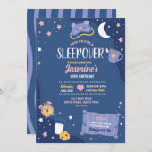 スリーパー・パーティー誕生日お泊まり会かわいい女の子青 招待状 (正面/裏面)