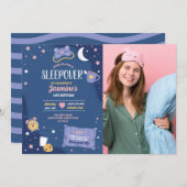 スリーパー・パーティー誕生日お泊まり会の女の子の青い写真 招待状 (正面/裏面)