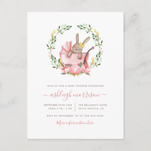 スリーピングバニーイン乳母車 | 女の子の赤ちゃんシャワー インビテーションポストカード (正面)