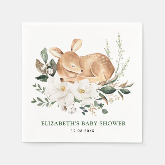 スリーピングフォレストディアホワイトフローラグリーンアウン スタンダードカクテルナプキン (正面)