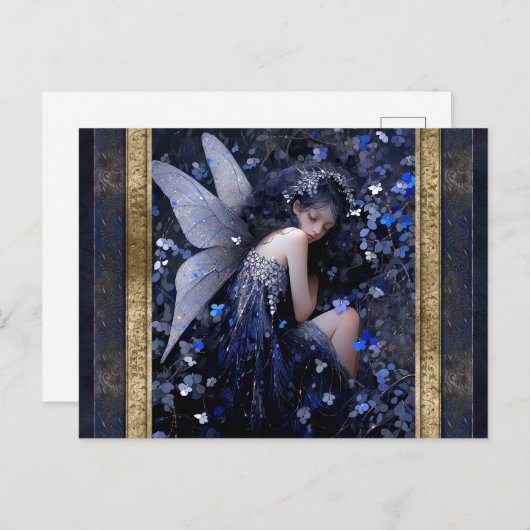 スリーピングブルーフェアリーウーマンファンタジーアート ポストカード (正面/裏面)