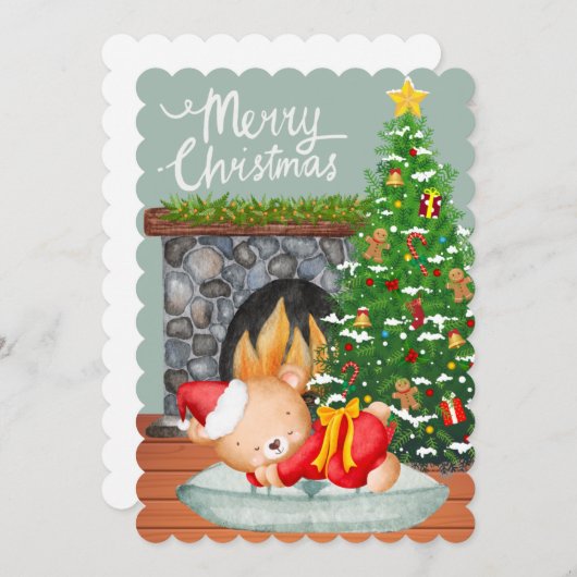 スリーピングベアーサンタスーツクリスマスツリー暖炉 シーズンカード (正面/裏面)