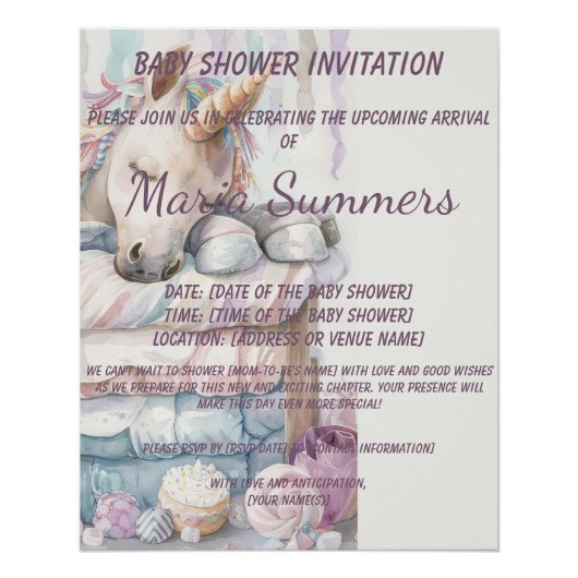 スリーピングユニコーンウォーターカラーパステルベビーシャワー ポスター (正面)