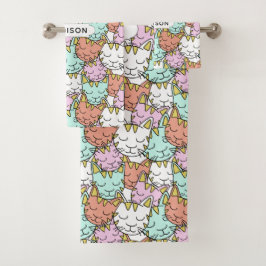 スリーピーキャッツパターン名前をカスタムするタオルセット バスタオルセット