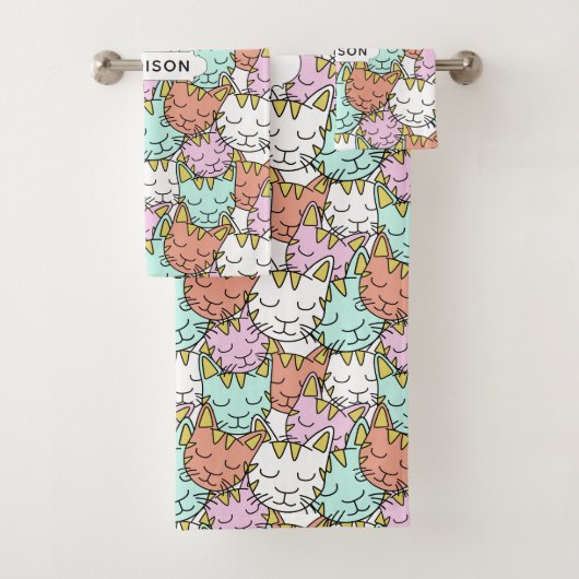 スリーピーキャッツパターン名前をカスタムするタオルセット バスタオルセット (インサイチュ)