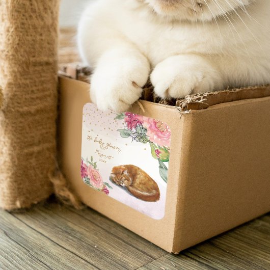 スリーピーキャットイラストレーションガールベビーシャワー スクエアシール