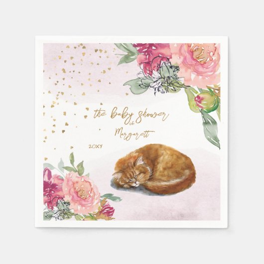 スリーピーキャットイラストレーションガールベビーシャワー スタンダードカクテルナプキン (正面)