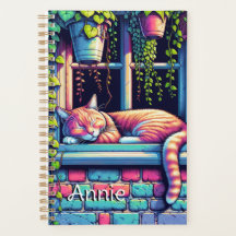 スリーピーキャットインウィンドウシルアイアートパーソナライズされた