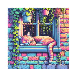 スリーピーキャットインウィンドウシルアイアート メタルプリント