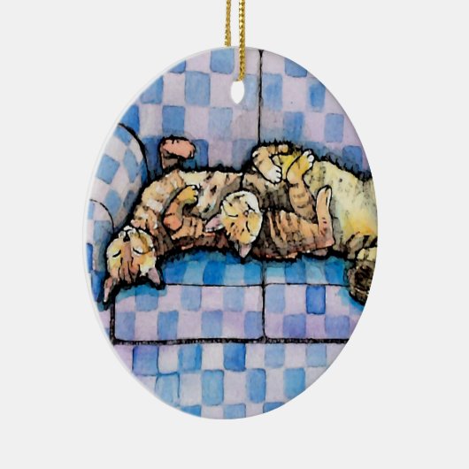 スリーピータビーキャッツ2匹のオーナメント セラミックオーナメント (右)