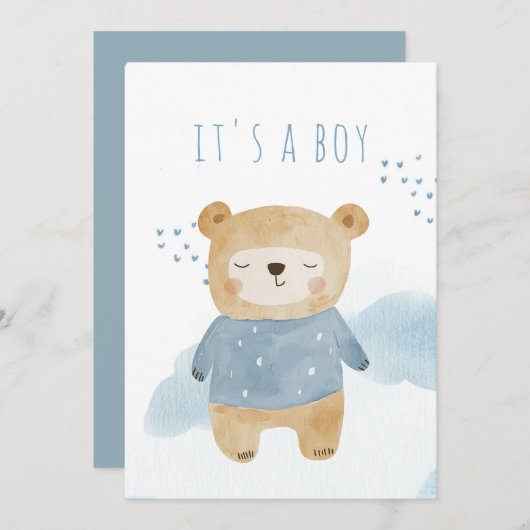 スリーピーブルーウォーターカラーかわいいクマ赤ちゃんシャワー 招待状 (正面/裏面)