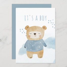 スリーピーブルーウォーターカラーかわいいクマ赤ちゃんシャワー 招待状