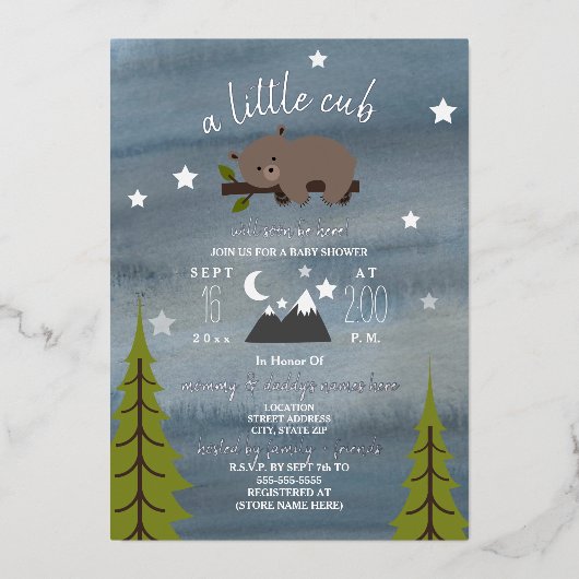 スリーピーベアースターベビーシャワー 箔招待状 (正面)