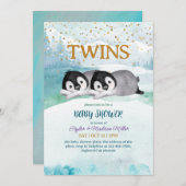 スリーピーペンギンツインウィンターテーマ男の赤ちゃんシャワー 招待状 (正面/裏面)