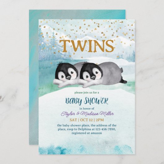 スリーピーペンギンツインウィンターテーマ男の赤ちゃんシャワー 招待状 (正面/裏面)