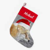 スリーピーレッドキツネレッドサンタハットを着て名前 スモールクリスマスストッキング (正面 (吊り時))
