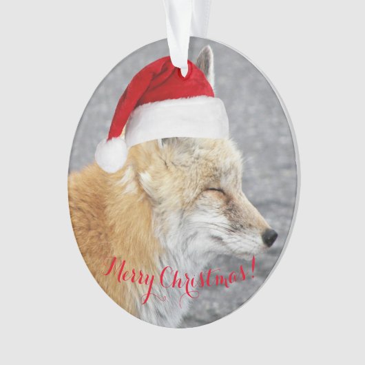 スリーピーレッドキツネ着用レッドサンタハットホリデー オーナメント (正面)
