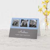 スリーファースト誕生日フォトコラージュブルー カード (黄色い花)