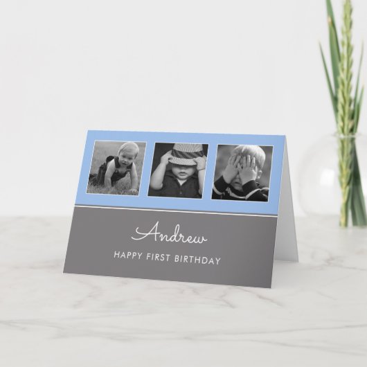 スリーファースト誕生日フォトコラージュブルー カード (正面)
