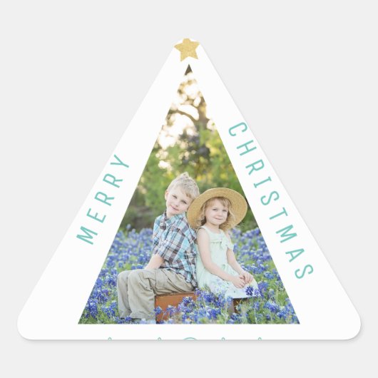 スリーフォトクリスマスツリーモダンホリデーカード 三角形シール (正面)