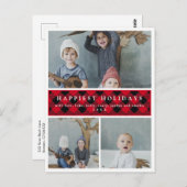スリーフォトコラージレッドプレイドカスタムホリデー ポストカード (正面/裏面)