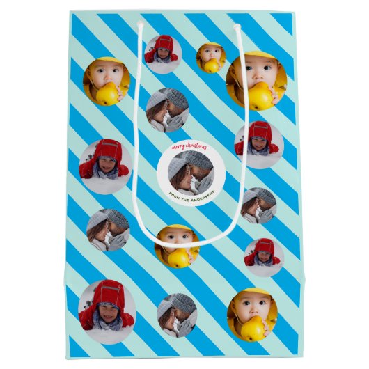 スリーフォトブパーソナライズされたルーストライプルFABクリスマス ミディアムペーパーバッグ (裏面)