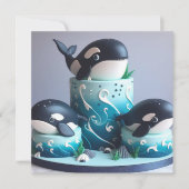 スリーブラック&ホワイトオルカクジラお誕生日ケーキ カード (正面)