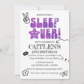 スリープオーバーバースデーパーティーレトロドードルパープル 招待状 (正面)