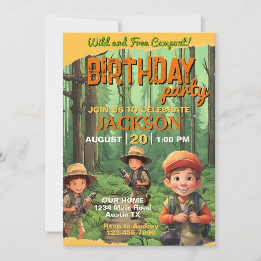 スリープテントキャンプアウト任意の年齢の誕生日パーティー 招待状 (正面)