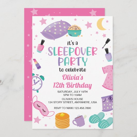 スリープバースランバーパーティーピンクパープルトゥイーン 招待状 (正面/裏面)