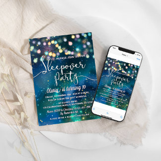 スリープバーパーティー銀河系ストリングライツブルー誕生日 招待状