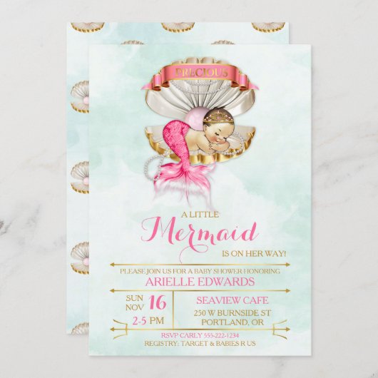 スリープマーメイドベビークラムシェルティアラ金ゴールド&ピンク 招待状 (正面/裏面)