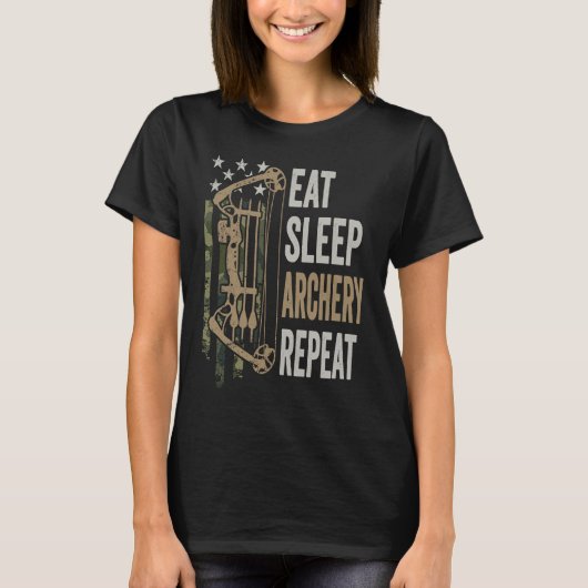 スリープ食べアーチェリーリピーター迷彩弓USA おもしろい Tシャツ (正面)
