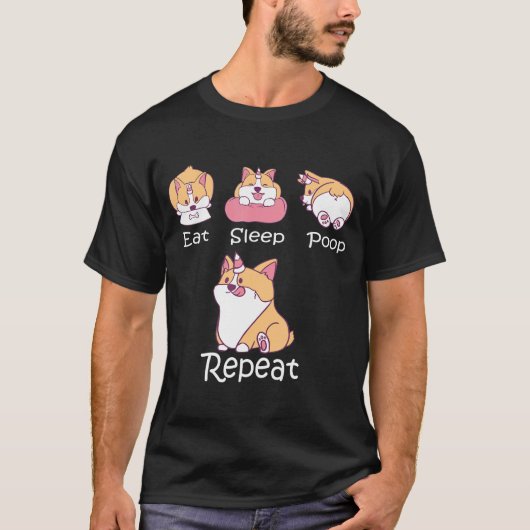 スリープ食べウンチリピートかわいいドッグコーギライフ Tシャツ (正面)