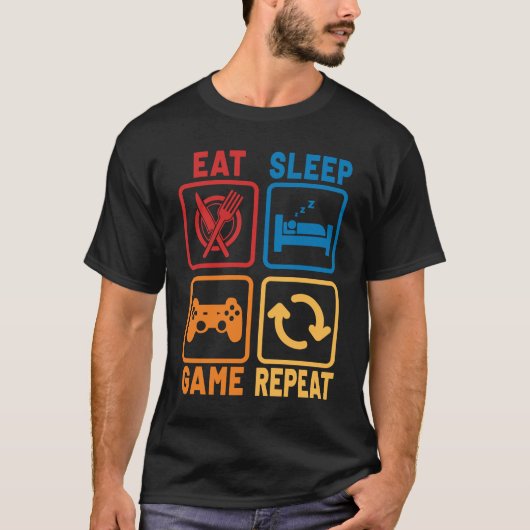 スリープ食べゲームの繰り返しギークとおたくゲーマー Tシャツ (正面)
