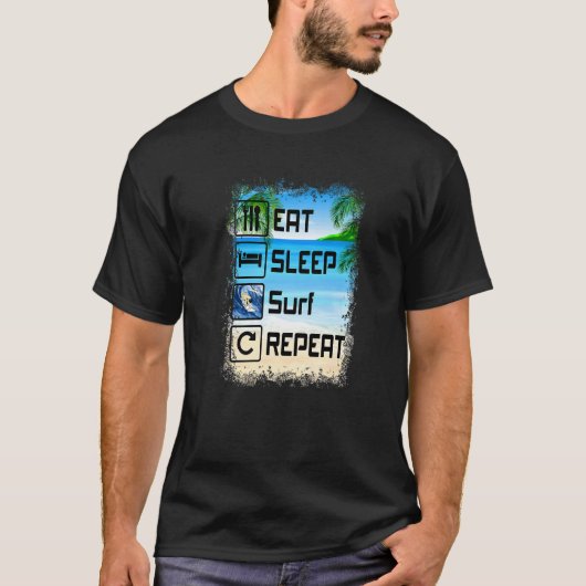 スリープ食べサーフリピートおもしろいビーチサーファー Tシャツ (正面)