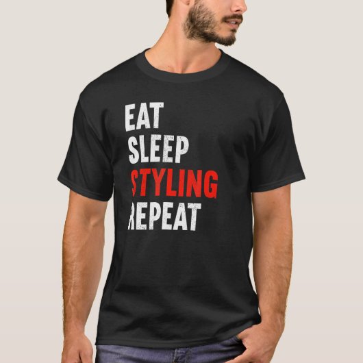スリープ食べスタイリングリピート美容師理容師ヘア Tシャツ (正面)