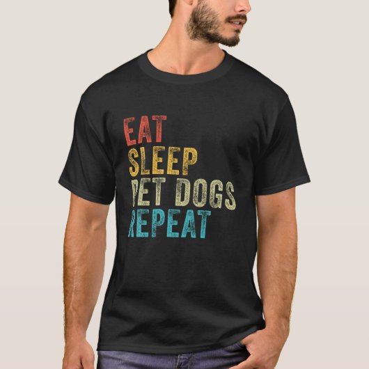 スリープ食べペットドッグリピートおもしろい犬恋人ヴィンテージ Tシャツ (正面)