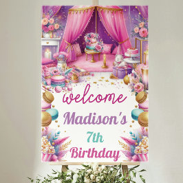 スリーポバーガール誕生日ウェルカムピンクパープル金ゴールド ポスター