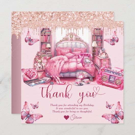 スリーポバーガール誕生日グリッタードロップ サンキューカード (正面/裏面)