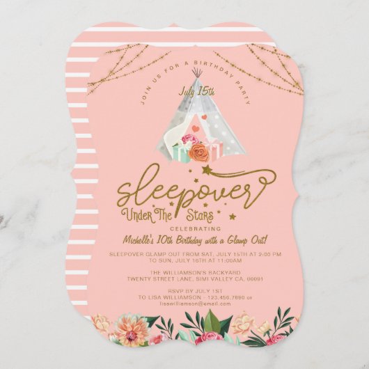 スリーポバーザスターズテペピンク金ゴールド誕生日 招待状 (正面/裏面)