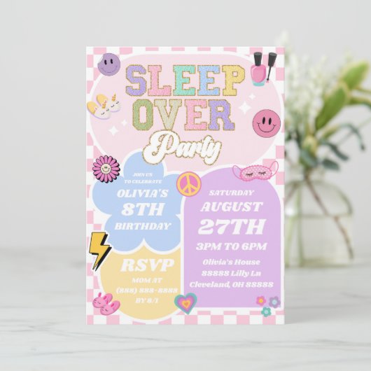 スリーポバー名門私立校風のバーシティパッチ誕生日パーティー 招待状 (スタンド正面)