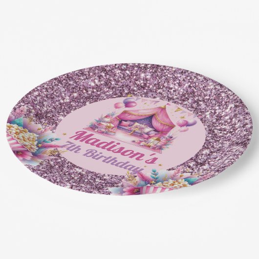 スリーポパーソナライズされたーバーガール誕生日ピンクパープル ペーパープレート (アングル)