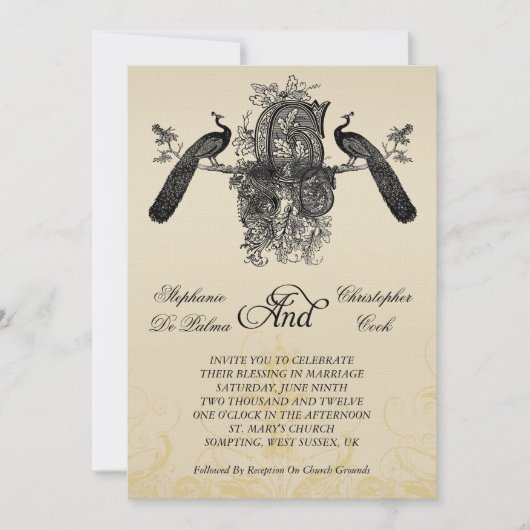 スリーモノグラムピーコックスヴィンテージウェディング招待状 招待状 (正面)