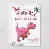 スリーレックスガールズ3歳の誕生日恐竜ピンクの恐竜 招待状 (正面)