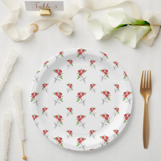 スリーレッドローゼブーケ |パーティーラウンド紙プレート ペーパープレート (ウェディング)